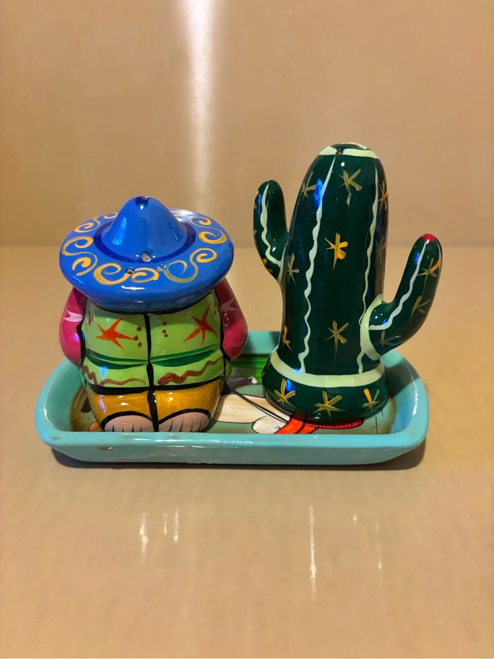 Handpainted Mexican Ceramic Salt & Pepper Shakers with Underplate